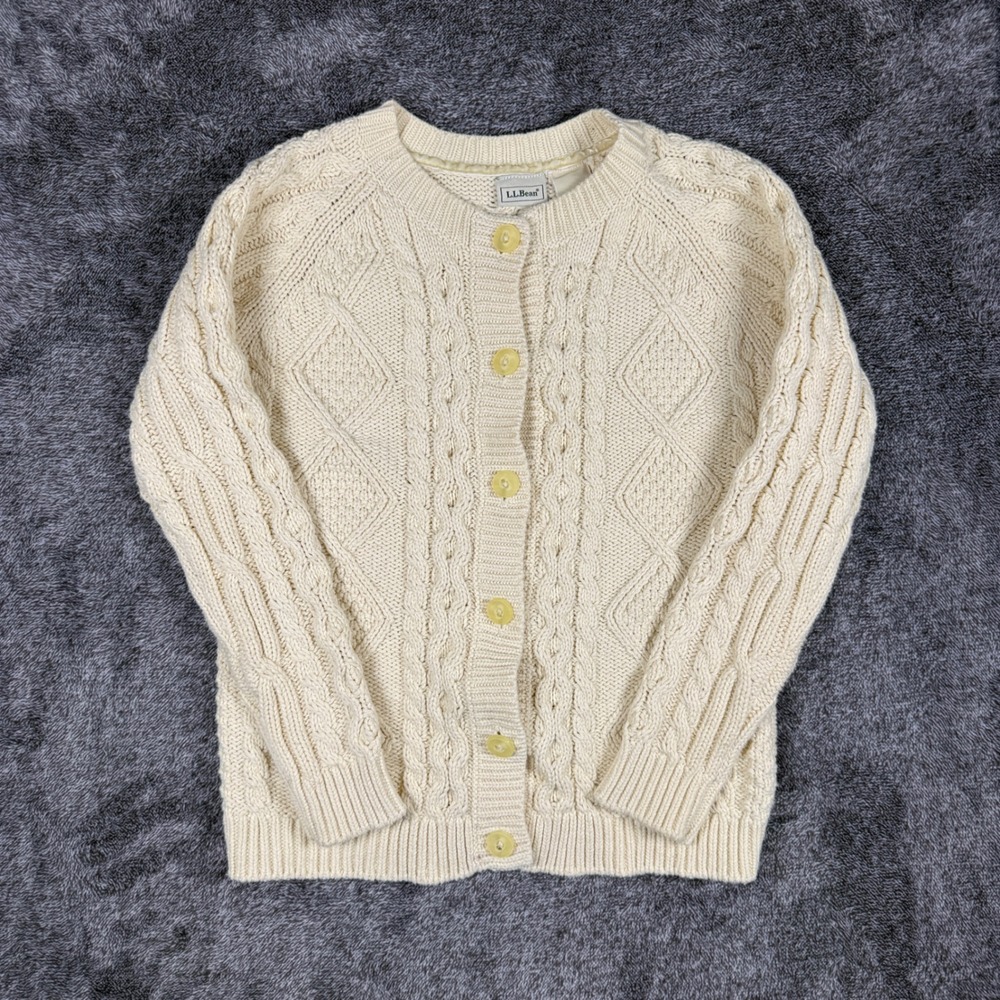 LL Bean Girls Cream Cable Knit Cardigan Sweater Size 6X 7 Cotton Blend 284855
